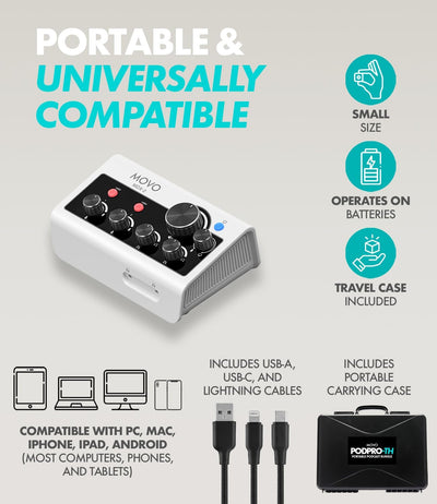 Movo PodPro is portable and universally compatible — battery-powered MDX-2 works with PC, Mac, iPhone, iPad, and Android, includes USB-A, USB-C, and Lightning cables and a portable carrying case